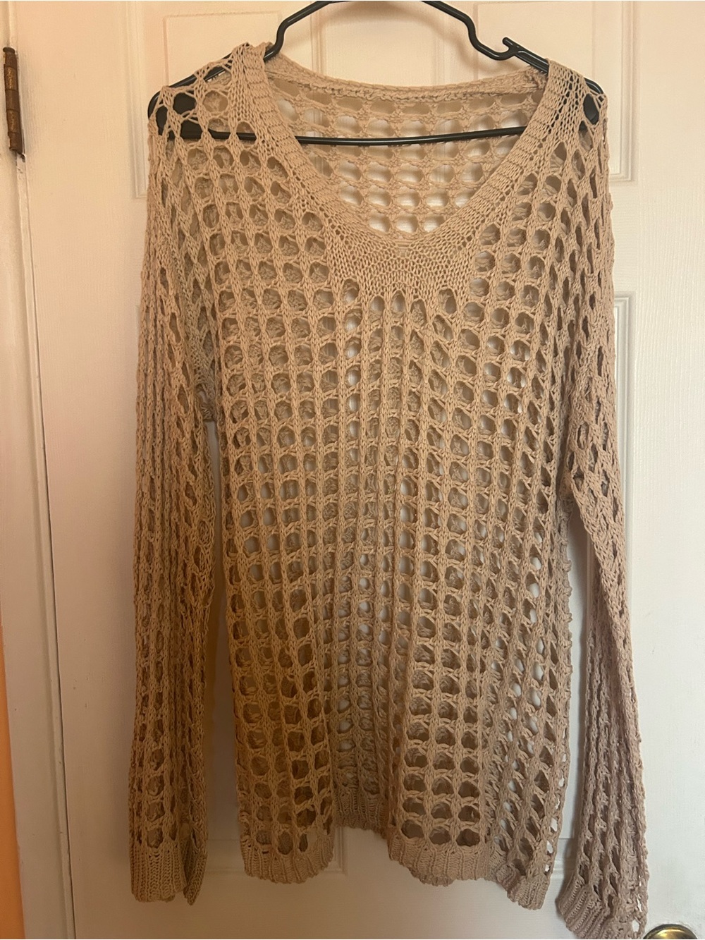 Light Tan Open-Knit V-Neck Women's Sweater